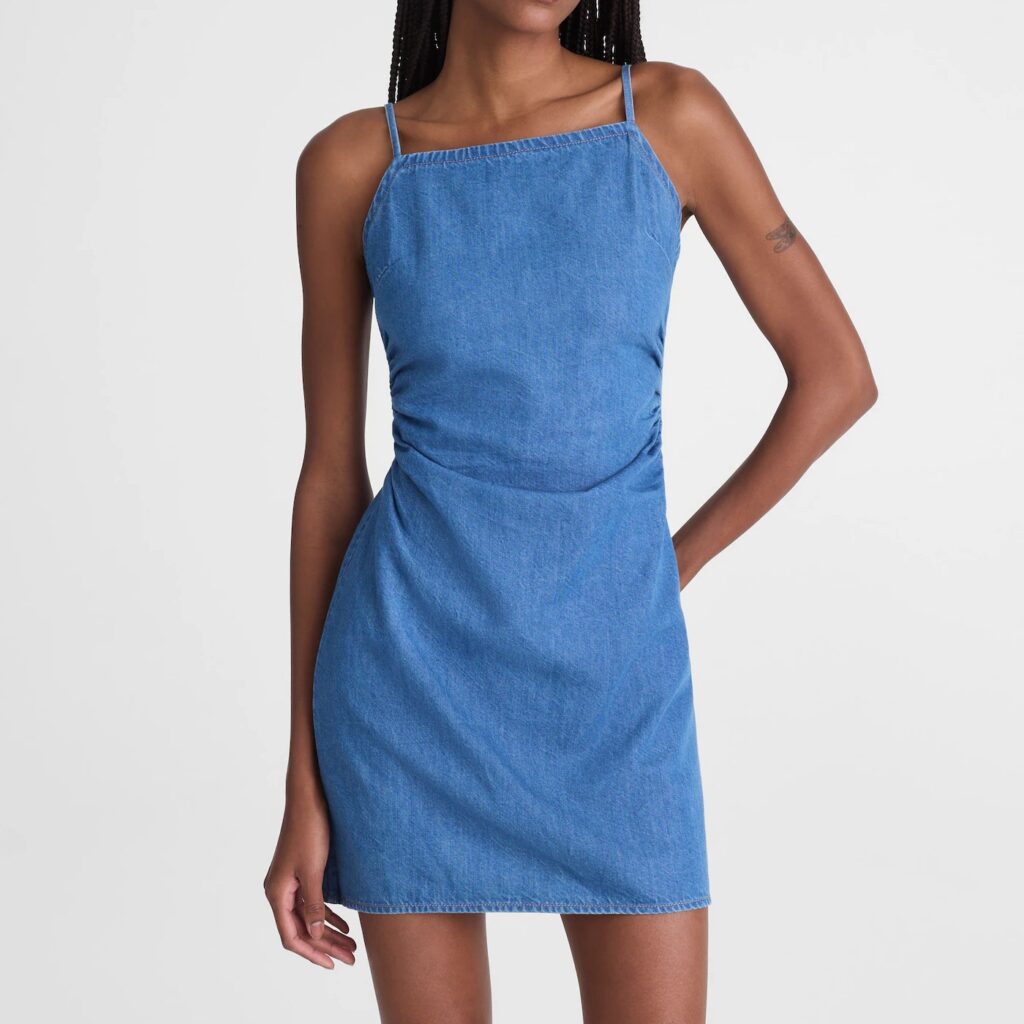 Denim Ruched Squareneck Mini Dress