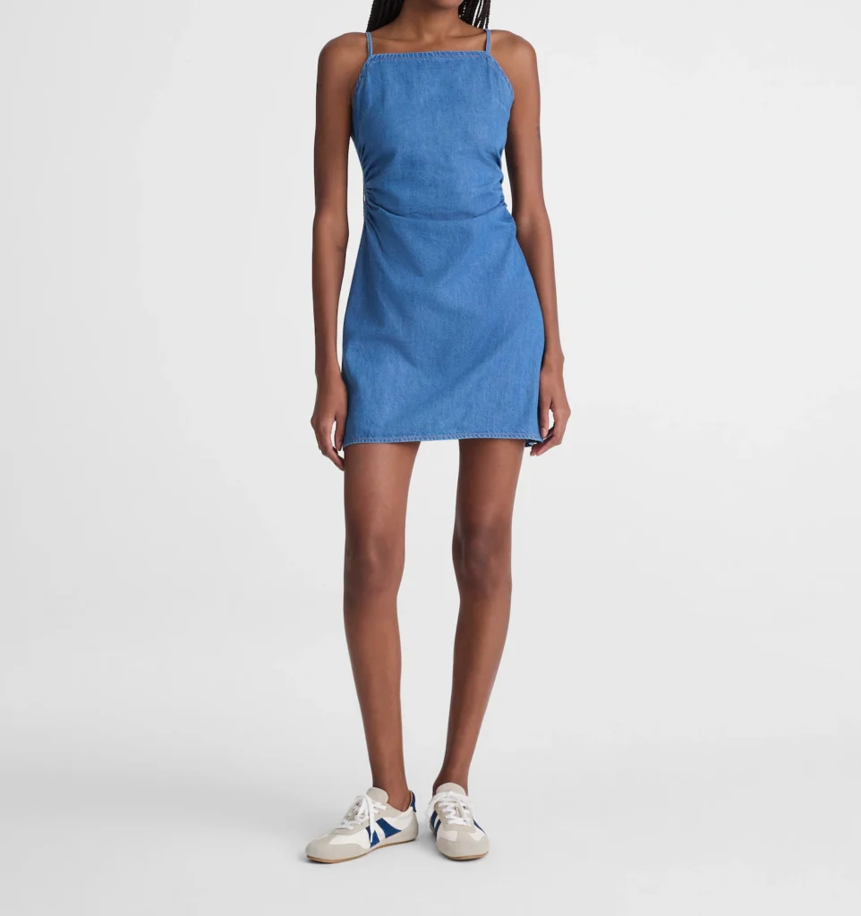 Denim Ruched Squareneck Mini Dress